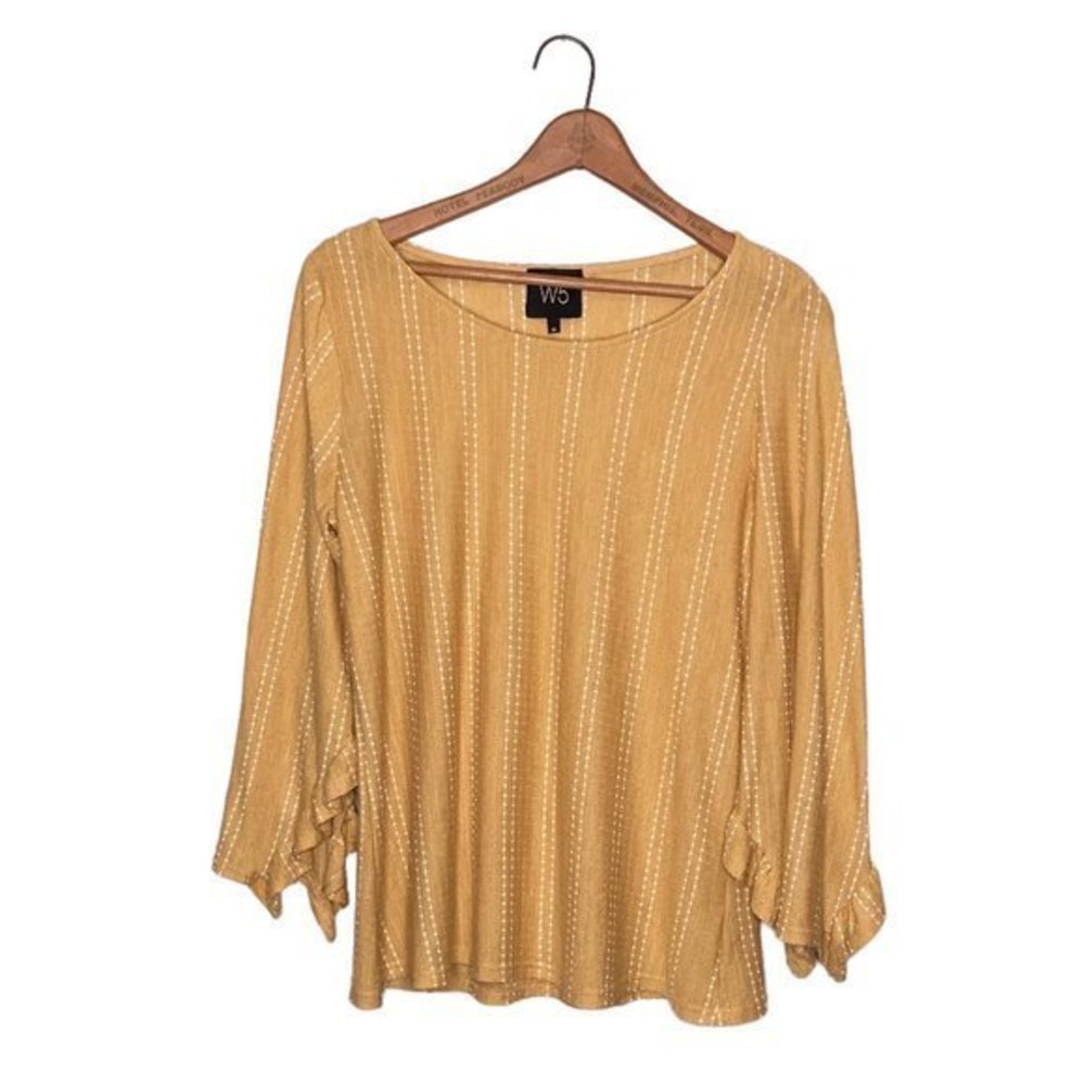 Anthropologie M W5 Concepts Mustard White Polka Dot Ruffle Bell Sleeve Knit Top - Picture 4 of 7